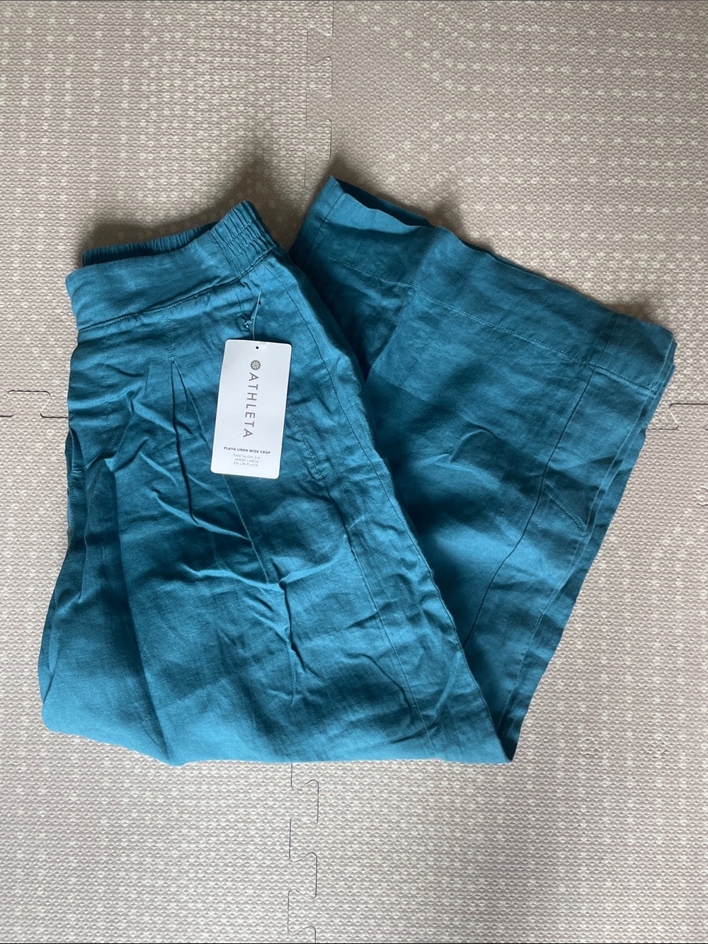 Athleta Playa Linen Wide Crop Teal Pant 100% Linen Size 8 NWT